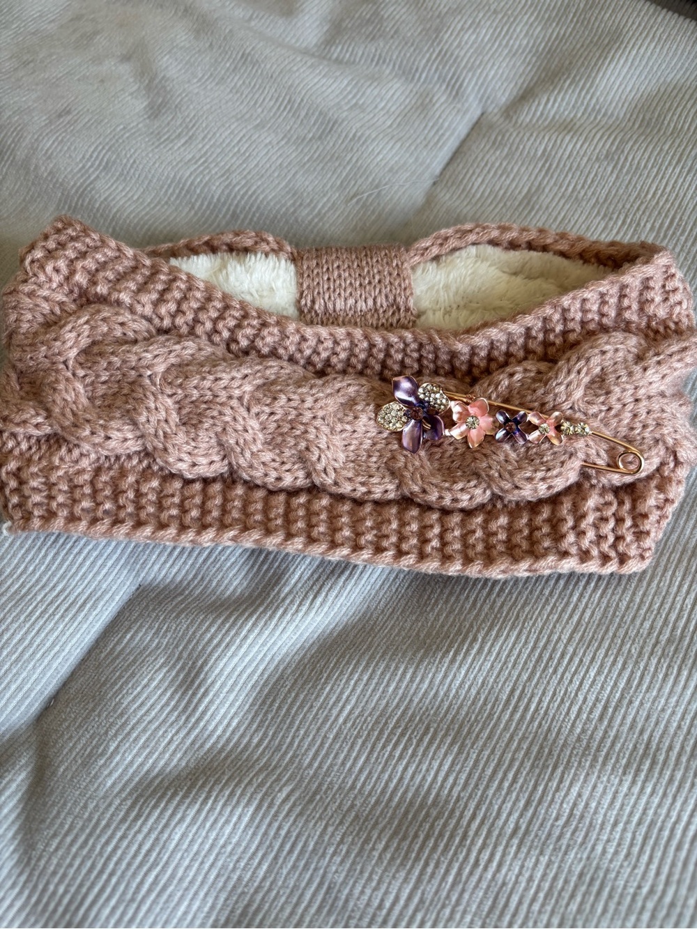 Cozy Knit Cable Headband with Faux Fur Lining - Blush Pink
